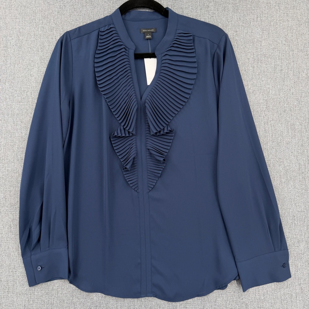 Ann Taylor Womens Navy Blue Pleated Ruffle V-Neck Long Sleeve Blouse Size S NWT
